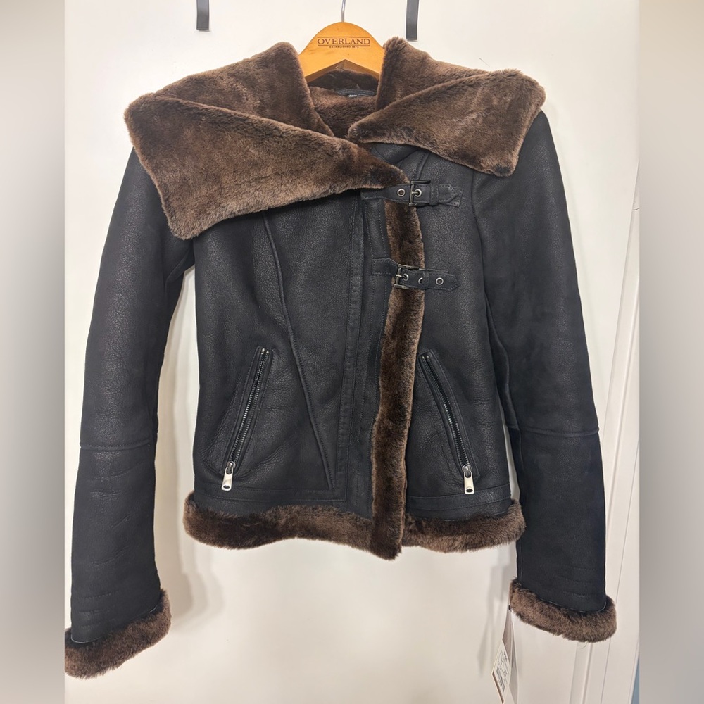 Luxurious Black and Brown Shearling Jacket - Overland Tiffany Bomber size XS NWT